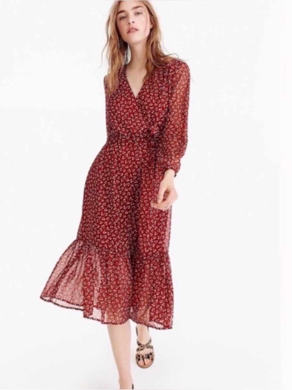 J. Crew Red Floral Wrap Midi Dress